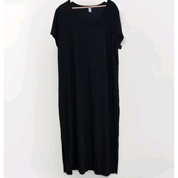 Old Navy T Shirt Maxi Dress 3X Black SS Linen Blend Slits Pullover Goth Cottage - Picture 1 of 15